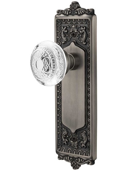 Egg and Dart Door Set with Matching Crystal-Glass Knobs in Antique Pewter.